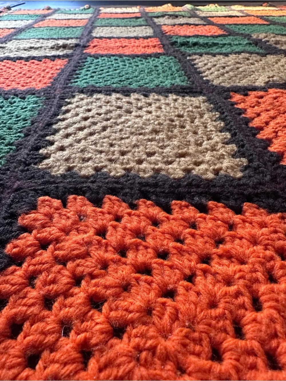 Vintage 70s Crochet Afghan Blanket Orange Green Gold Brown Fringe Retro Boho